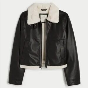 Hollister Women's Black Leather Jacket with White Fleece